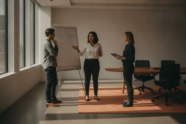 Colleagues weighing two options drawn in columns on a whiteboard