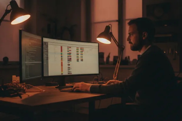 Engineer reviewing a table of test results on a wide monitor