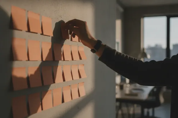 Hand placing a note on a prioritisation grid of sticky notes
