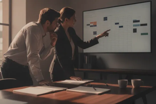 Two analysts reviewing a data table together on a monitor
