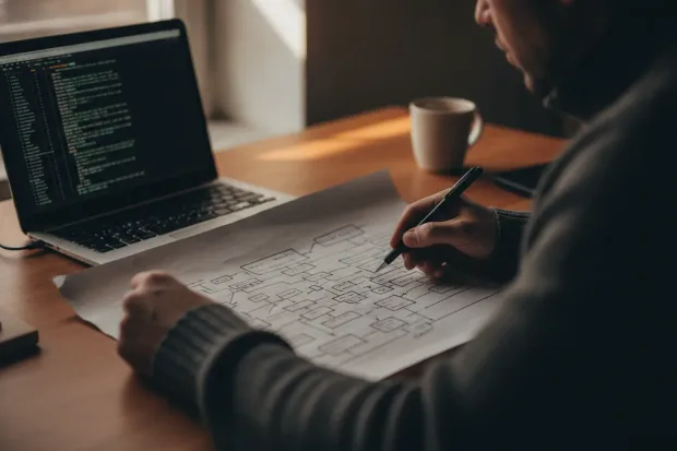 Engineer annotating a system integration diagram on paper