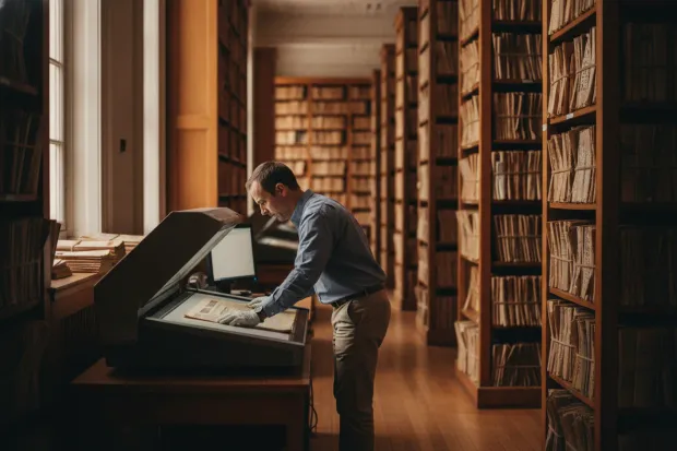 Archivist scanning a page beside shelves of bound volumes
