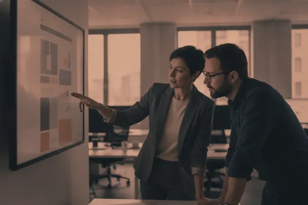Two colleagues comparing a news site layout on a large screen