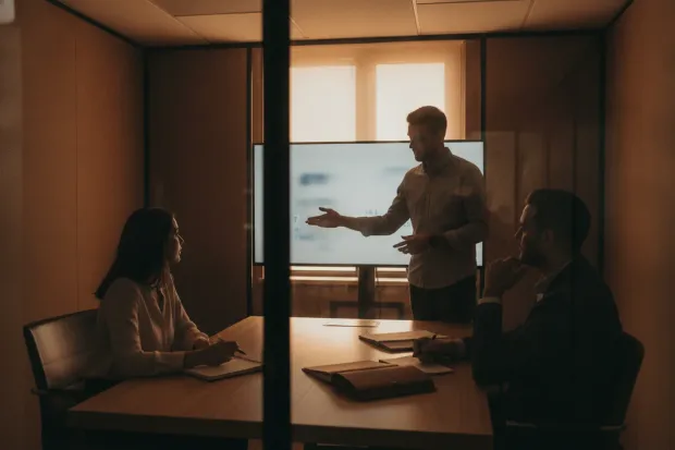 Two colleagues reviewing a process map together at a work table.