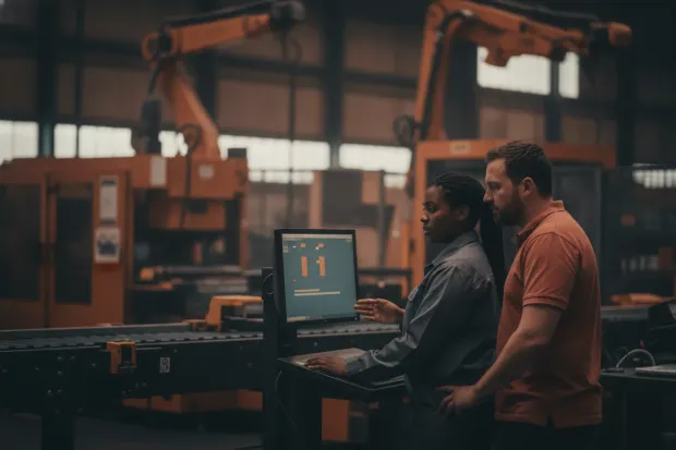 Two supervisors reading production numbers at a shop-floor terminal