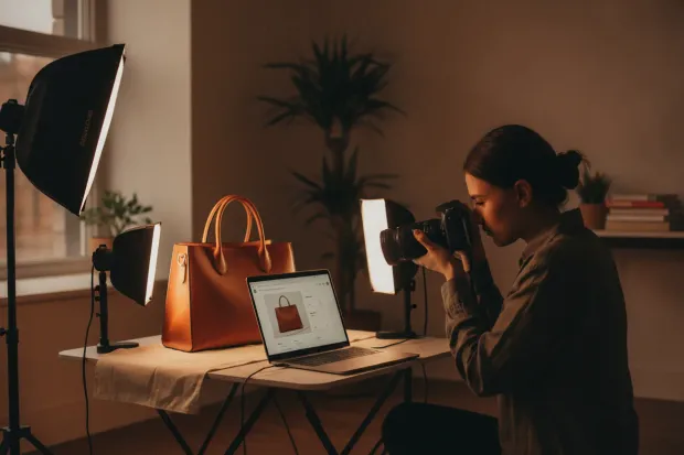 Team member photographing a product beside a laptop showing the listing