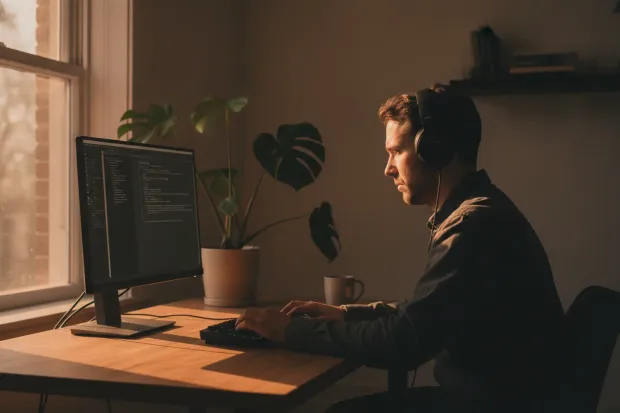A two-person working session at a shared desk in the Palamed studio in Sofia.