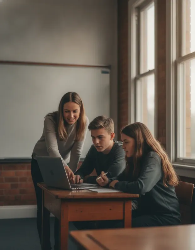 Teacher working through a lesson on a laptop with two students in a classroom