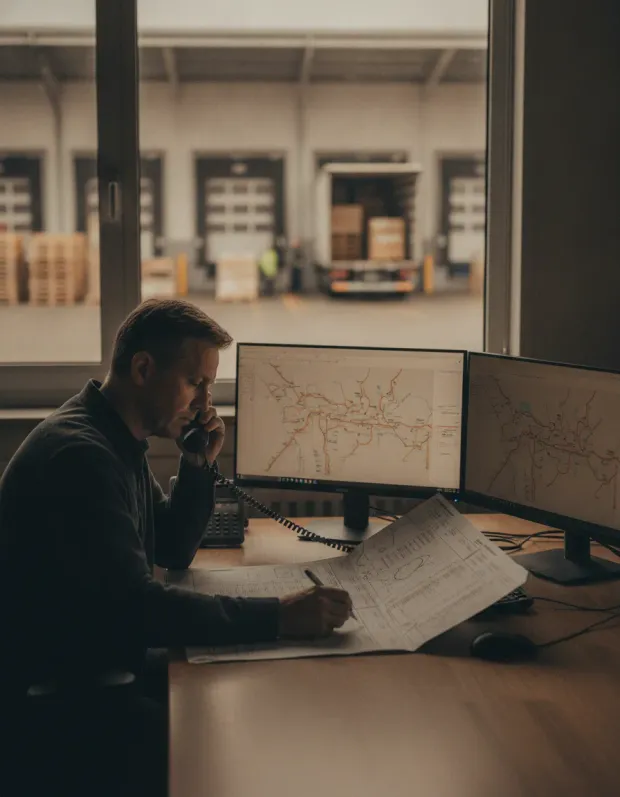 Dispatcher on the phone with route maps on screen, loading bays behind him
