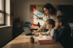 Teacher and students using a laptop in a classroom
