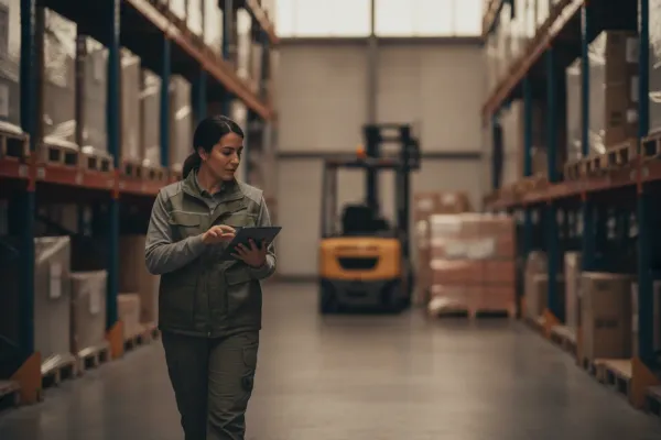 Logistics coordinator with a tablet in a warehouse